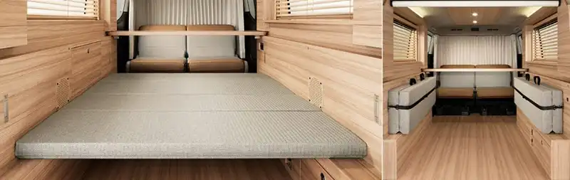 シートを倒してフルフラットにするベッドルームモード、あるいはソファのようにゆったり座れるリビングルームモードへと切り替えることができます